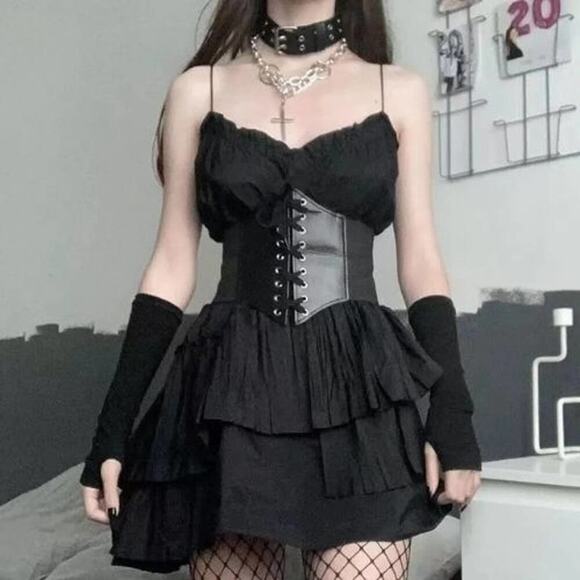2/$30 NEW Faux Vegan Leather Lace Up Corset Belt Elastic Black (Size XL+) - Picture 1 of 14